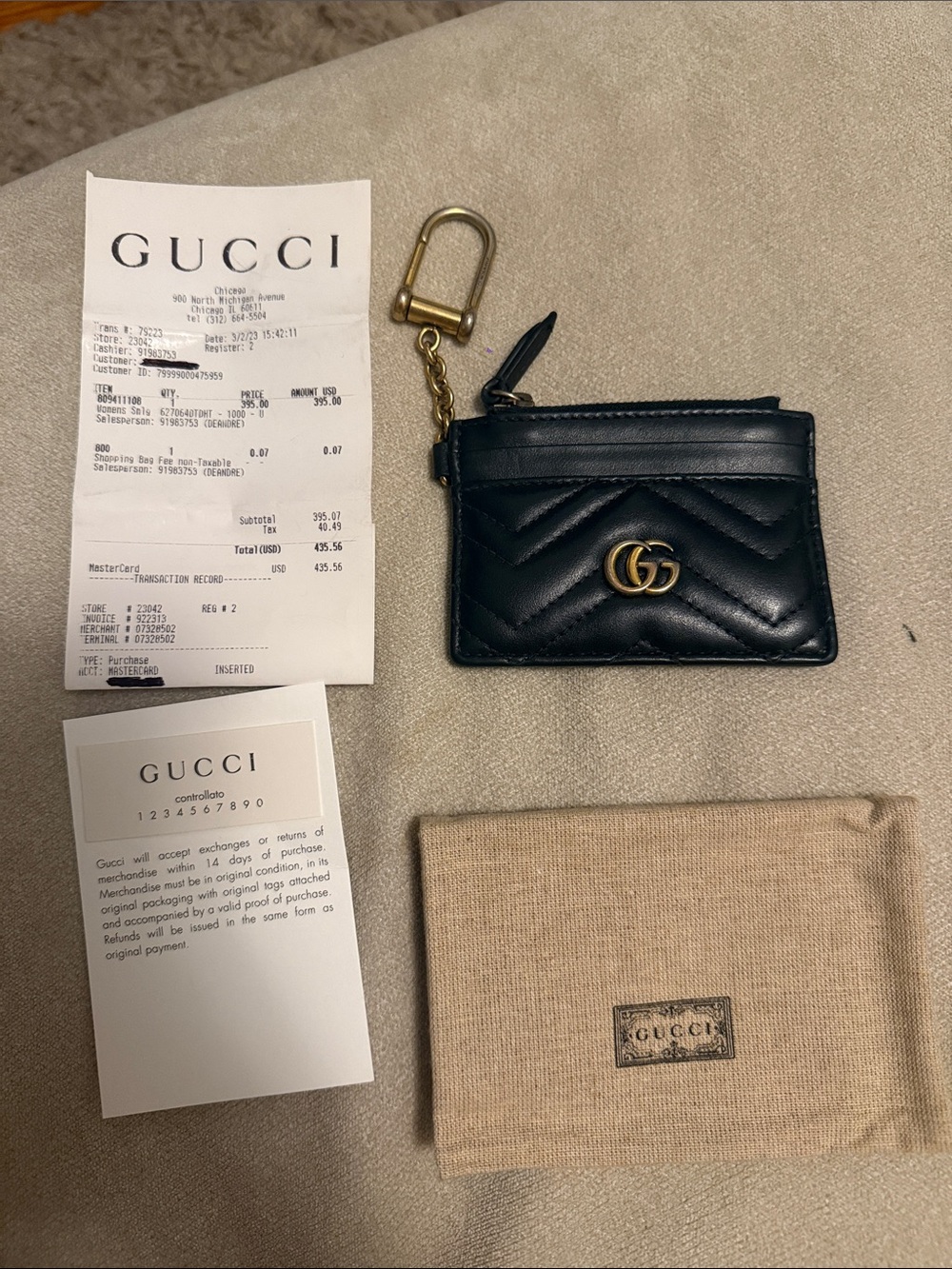 Gucci Black Marmont Quilted GG Leather Card Holder with Keyring